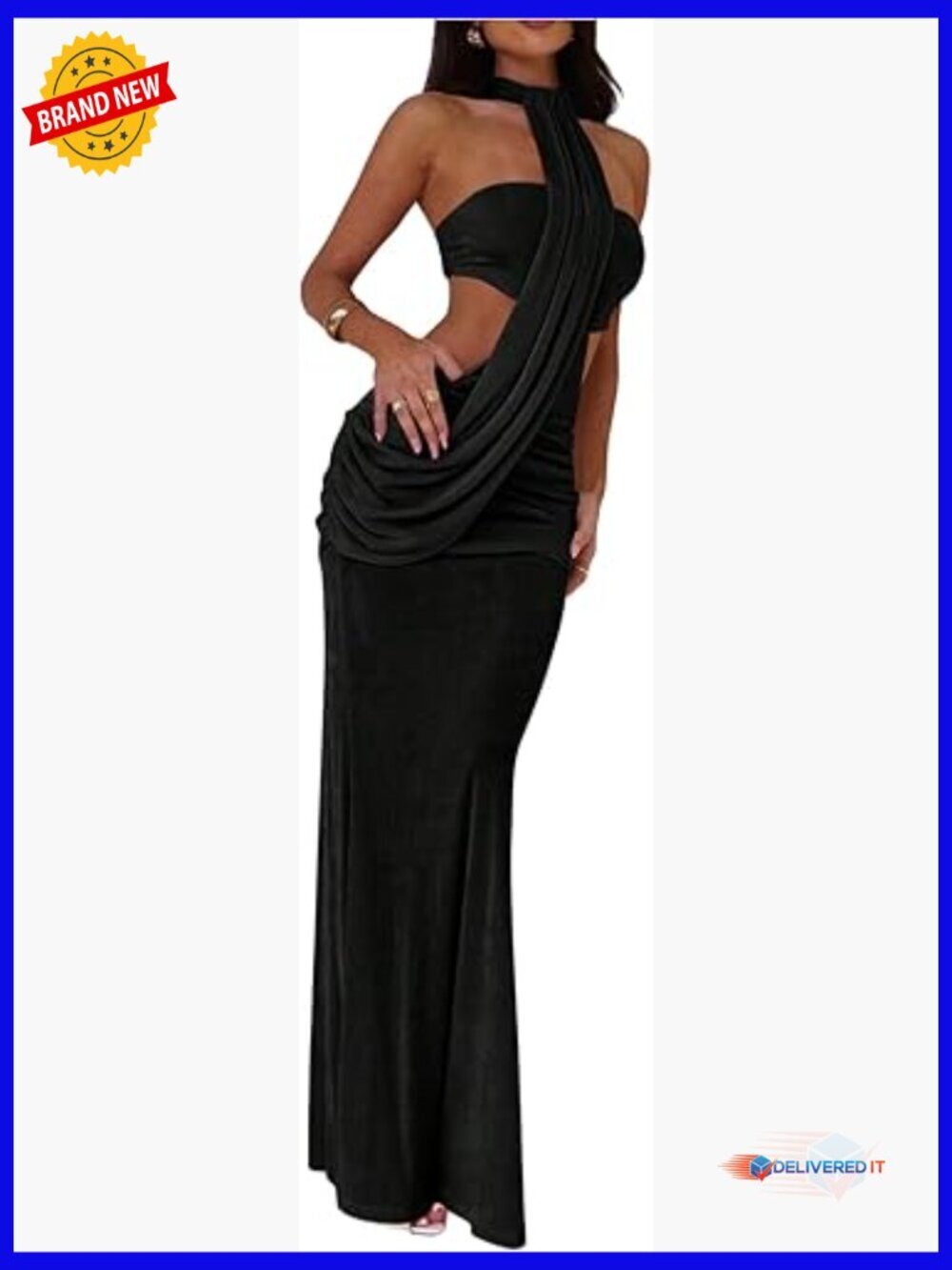Backless Halter Maxi Dress Cocktail Party Ruched Fishtail Cut Out